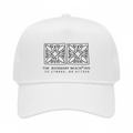 White coordinates logo trucker hat with black screen-printed Rosemary Beach Inn design