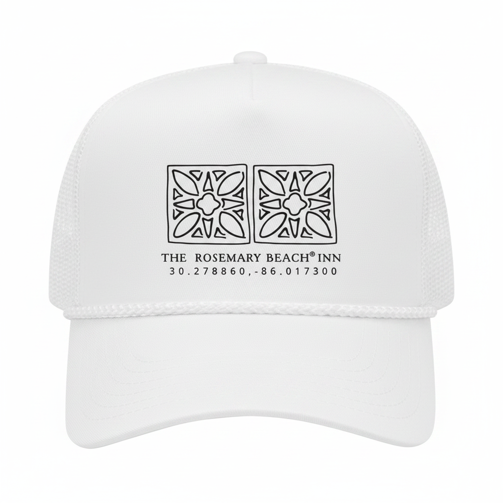 White coordinates logo trucker hat with black screen-printed Rosemary Beach Inn design