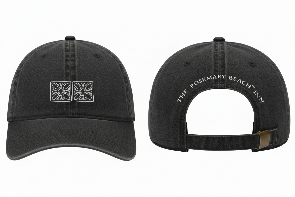 Washed black classic logo baseball cap with white embroidered Rosemary Beach Inn design, clean bill with no sticker