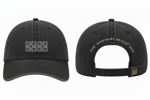 Washed black classic logo baseball cap with white embroidered Rosemary Beach Inn design, clean bill with no sticker